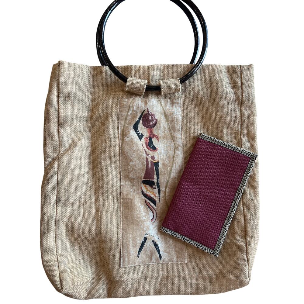 African Print Large Boho Jute Tote & Wallet Round 9" Wooden Handles Cottage Gift